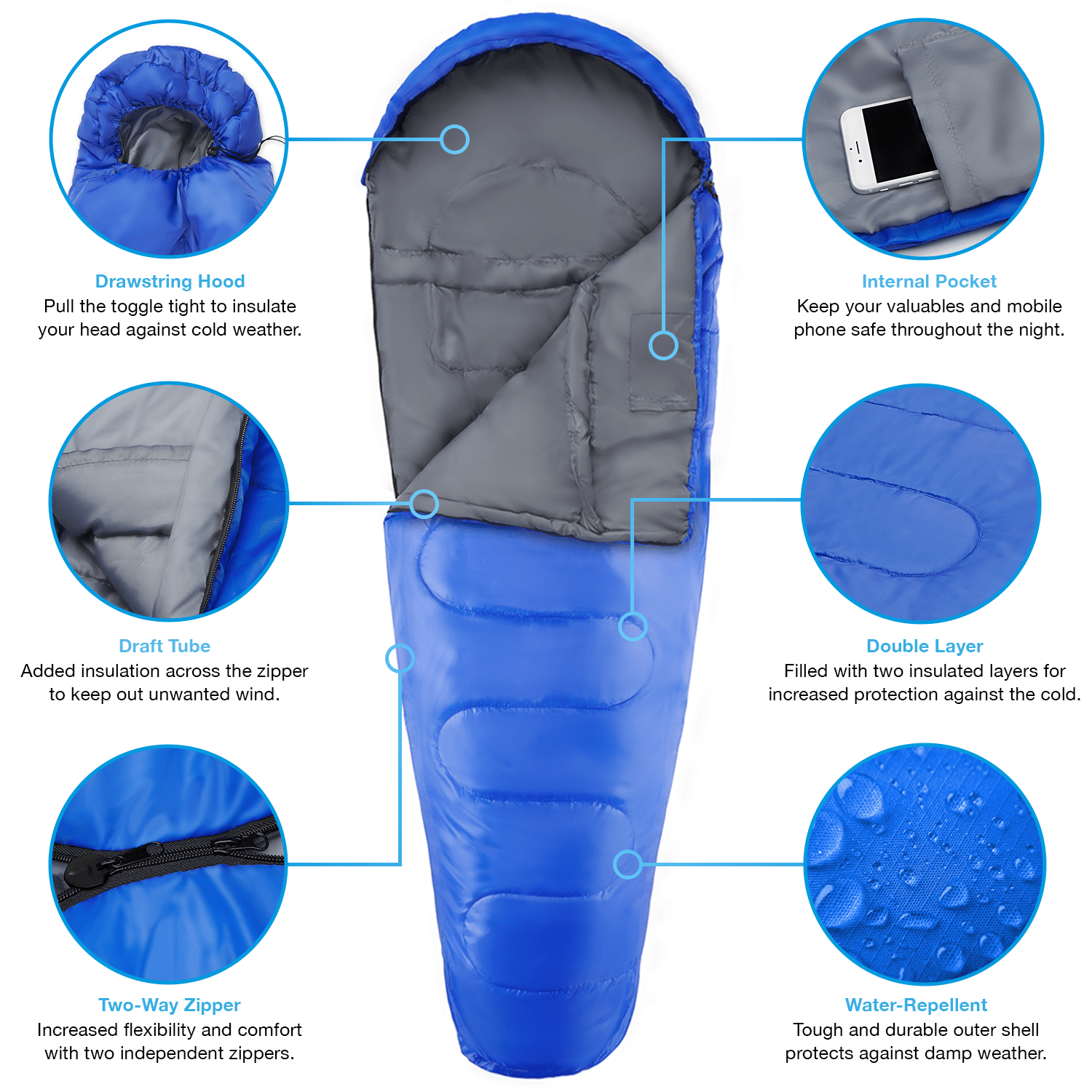 Active Era Sleeping Bags momie 3-4 saisons sac de couchage bleu 300 GSM