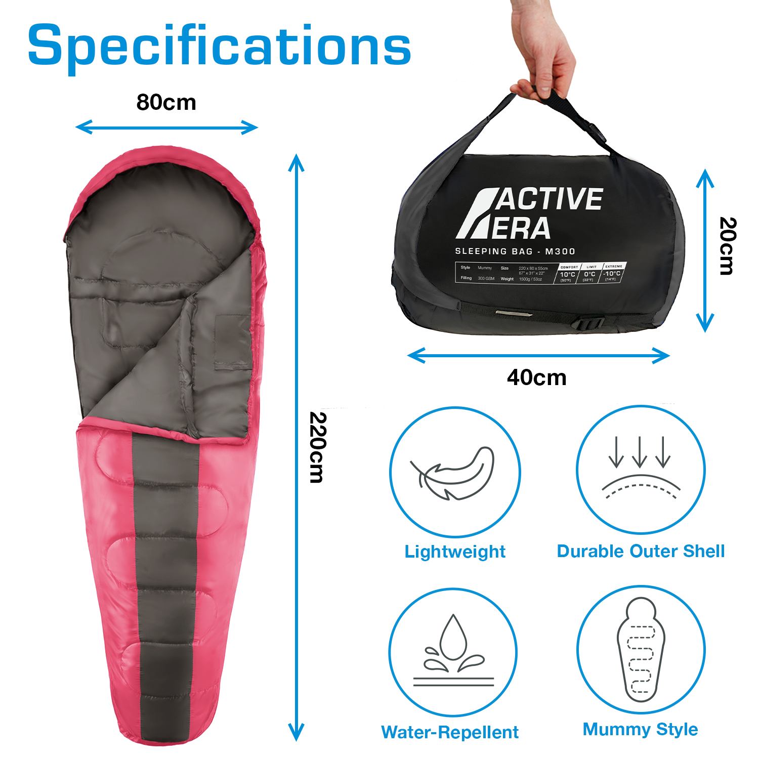 Active Era Sleeping Bags Sac de Couchage Momie Rose 300 GSM