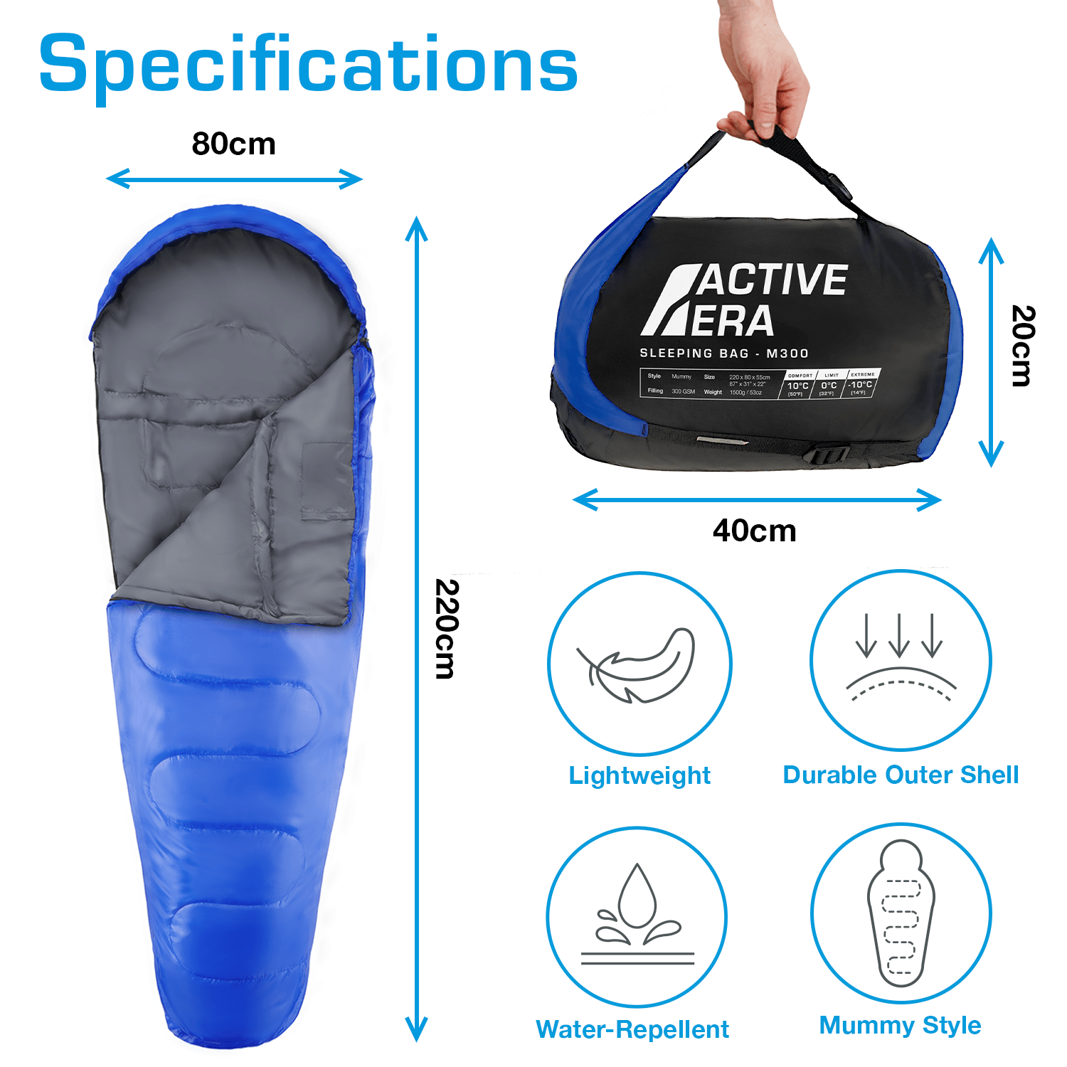 Active Era Sleeping Bags momie 3-4 saisons sac de couchage bleu 300 GSM
