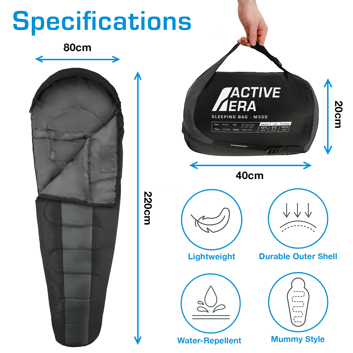 Active Era Sleeping Bags sac de couchage momie noir 300 GSM